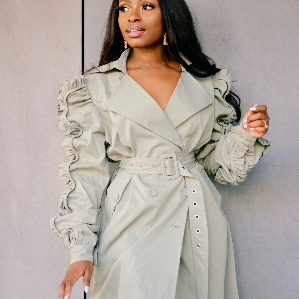 Elegant Ruffled Trench Coat in Sage